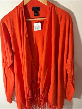 Central Park West Orange Open-Front Fringe Cardigan